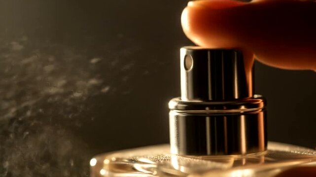 Close-up of a hand pressing a perfume bottle, releasing a fine mist of fragrance into the air.