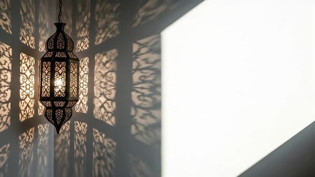 Decorative hanging lamp casts intricate shadows on a white wall, illuminated with warm light