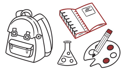 School Supplies Line Art: Backpack, Book, Beaker, Palette, Pencil