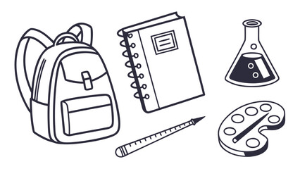 Hand-drawn school supplies icons set. Black and white line art of a backpack, notebook, flask, ruler, and paint palette.