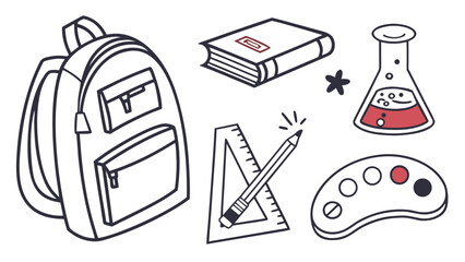 Minimalist hand-drawn school supplies collection featuring backpack, book, beaker, pencil, ruler, and paint palette in outline style.