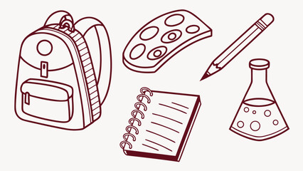 Collection of School Supplies and Art Materials in Outline