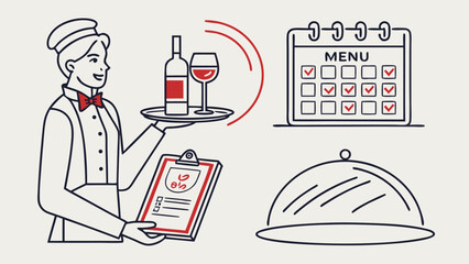 Smiling Waiter Holding Tray, Menu, and Clipboard, Vector Illustration