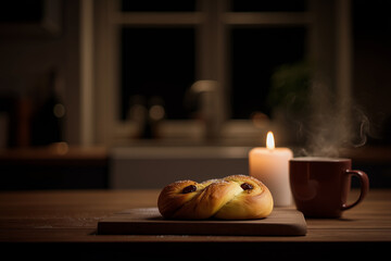 A moody, cinematic, and photorealistic still life of a "lussebulle" (Swedish saffron bun). The scene is dark and atmospheric, lit only by a single warm candle.