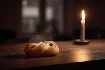 A serene, atmospheric, and moody background. A rustic wooden table with a single lussebulle, lit by a single candle, evoking a sense of calm.
