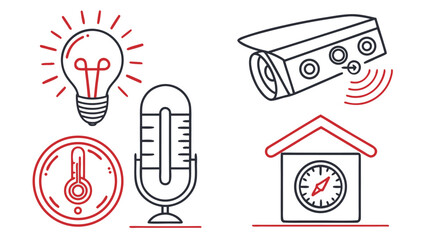 Smart Home Automation Icons: Lightbulb, Security Camera, Thermometer, Microphone, Clock