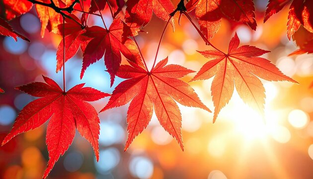Red maple leaves are illuminated by the sun, creating a warm and vibrant autumn scene with soft, blurred background lights.