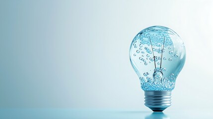 Light bulb filled with clear water and bubbles, showcasing innovative design and creativity, symbolizing ideas and inspiration in a modern context with copy space