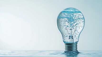 Light bulb filled with water and bubbles, resting on a reflective surface, symbolizing creativity and innovation, with soft gradient background enhancing visual appeal