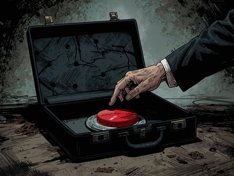 A person in a black suit presses a red button inside an open briefcase. The dark setting and bold gesture suggest urgency, secrecy, and critical decision-making.