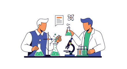 Two scientists conducting experiments with beakers and lab equipment