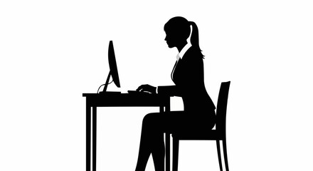 Silhouette of a businesswoman working on a computer at her desk.