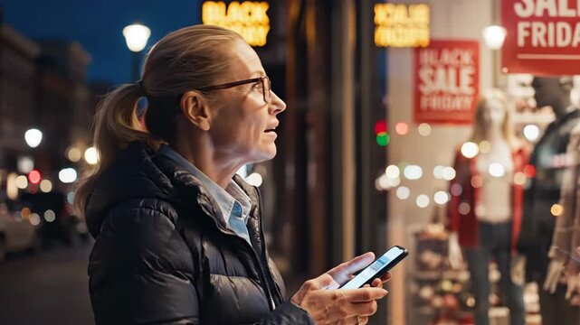 Smiling woman using smartphone while window shopping on black friday, browsing online deals, enjoying the shopping experience black friday sale
