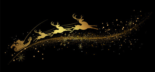 Merry Christmas. An exquisite golden isolated drawing of Santa Claus racing in a sleigh with reindeer.
