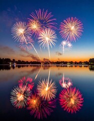 Fireworks Display Over Water Reflecting in the Lake at Sunset.