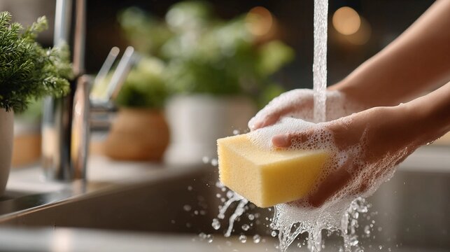 A person is washing their hands in a sink with a yellow sponge
