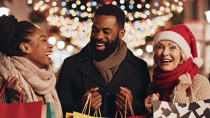 Diverse group of friends laugh and enjoy christmas shopping, carrying colorful bags with excitement and holiday cheer black friday sale