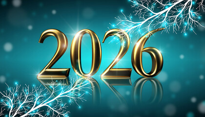Golden numerals of the year 2026 illuminated against a teal background with glowing branches and bokeh lights.