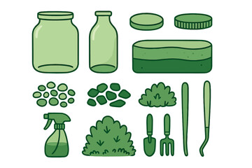 Essential tools and materials collection for creating a terrarium or miniature indoor garden