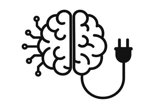 Human brain connected to digital circuits and power plug symbolizing artificial intelligence