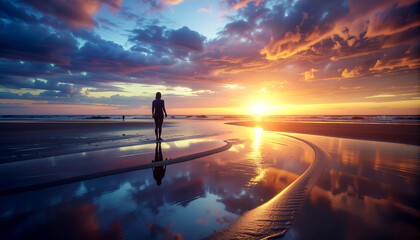 Sunset over the sea with a couple walking on the sandy beach, reflecting the evening sky and clouds