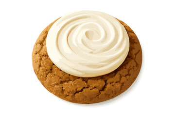 Single round molasses cookie topped with thick swirl of white cream cheese frosting isolated on white background