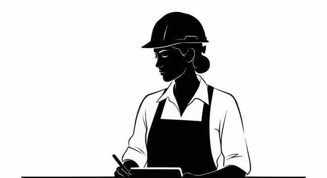 Silhouette of a female construction worker in a hard hat and apron, holding a pen and clipboard, looking to the side.