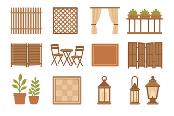 Outdoor furniture and garden decor elements including fences screens lanterns and potted plants