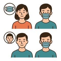 People wearing and not wearing protective medical face masks for health safety and disease prevention