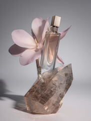 Perfume bottle on crystal and flower