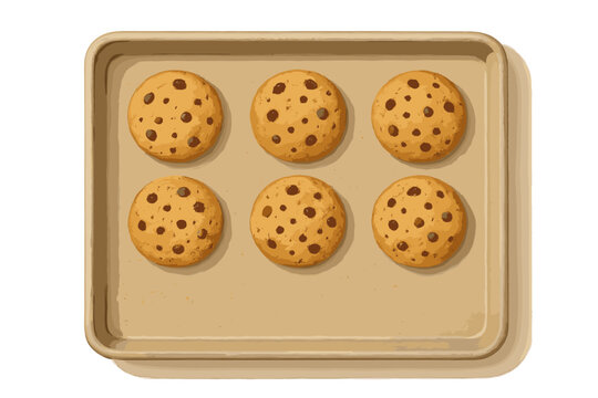 Six freshly baked chocolate chip cookies cooling on a beige baking sheet