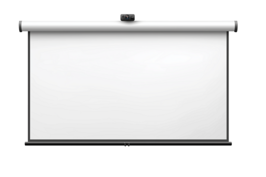 Blank projection screen with a top-mounted camera, isolated on a transparent PNG background. For presentations, ads, mockups, webinars, online courses, office design, and business visuals.