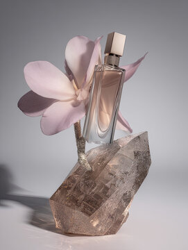 Perfume bottle on crystal and flower