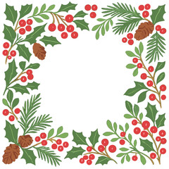 Classic winter holiday square border featuring festive holly, bright red berries, pine needles, and rustic pine cones