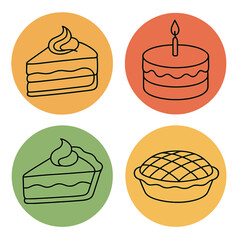 Simple outline icons of baked goods including layered cake, birthday cake, and lattice pie