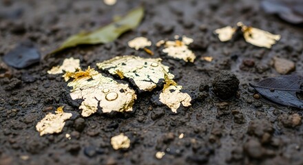 Close-up of gold-colored leaf fragments on dark soil with scattered leaves and small rocks in a natural outdoor setting