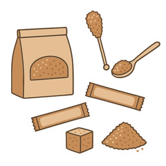 Various brown sugar types: loose pile, cube, spoon, bag, and sealed packets