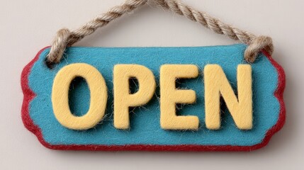 Sign that says open in yellow letters on a blue background. The sign is hanging from a rope