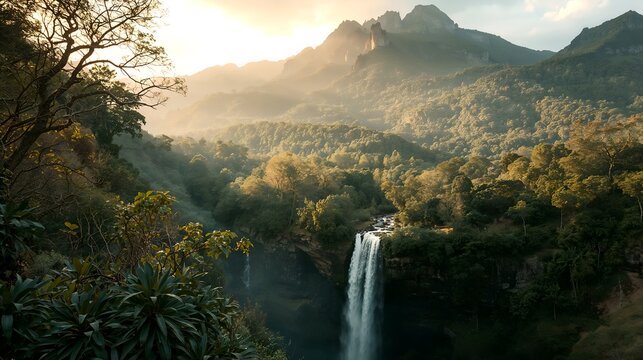 a breathtaking panorama of a waterfall cascading down a mountainside surrounded by lush greenery, capturing the raw beauty of nature. - Powered by Adobe