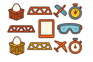 Construction, logistics, and timing elements featuring eggs in crates, truss bridges, airplanes, stopwatches, and safety goggles