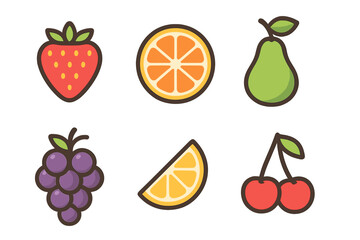 Colorful collection of fresh fruit symbols including strawberry, orange, pear, and grapes
