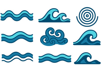 Stylized blue water wave shapes and dynamic ocean current symbols for marine design