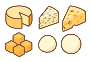 Isometric set of various cheese types including wheel, wedges, cubes, and rounds on white background