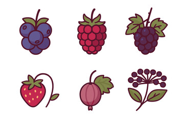 Set of six colorful fresh wild and garden berries icons on white background
