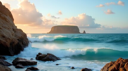 Sunset Over Rocky Cliffs and Turquoise Waves – Peaceful Coastal Landscape