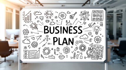 a whiteboard displaying the words business plan alongside related icons, symbolizing a detailed approach
