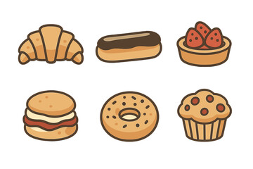 Six delicious baked goods including croissant eclair donut muffin and strawberry tart
