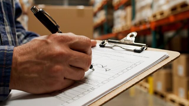 Worker holding clipboard with checklist in industrial storage facility