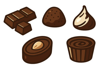 Assortment of rich dark chocolate bonbons, truffles, candy pieces, and dessert sweets