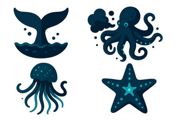 Dark blue marine life icons set with whale tail, octopus, jellyfish, and starfish